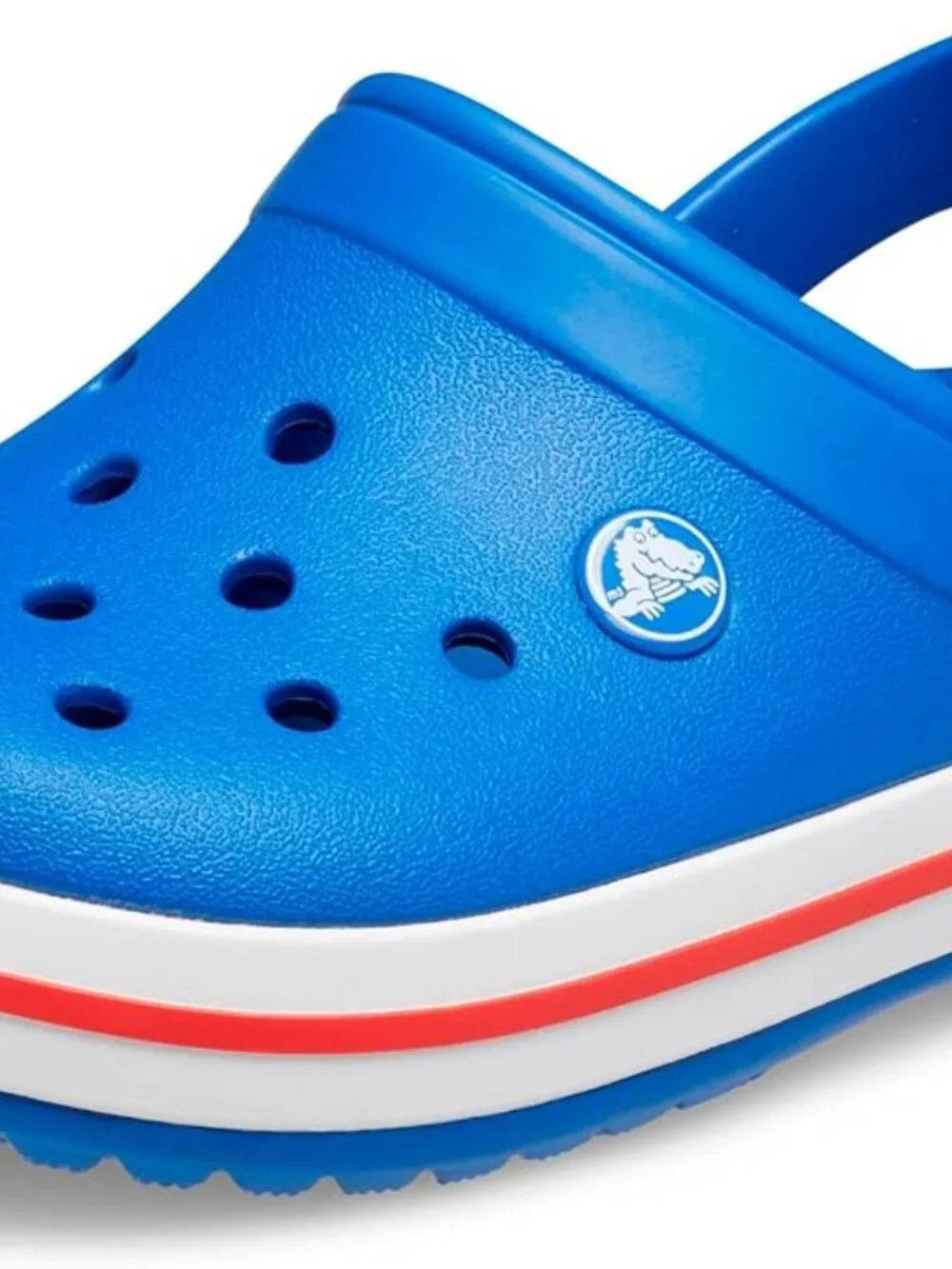Toddler blue Crocs with red and white band